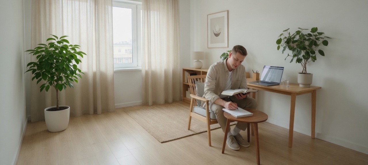 Young man in casual clothes sitting in a chair, reading a Bible with a laptop and notepad nearby.